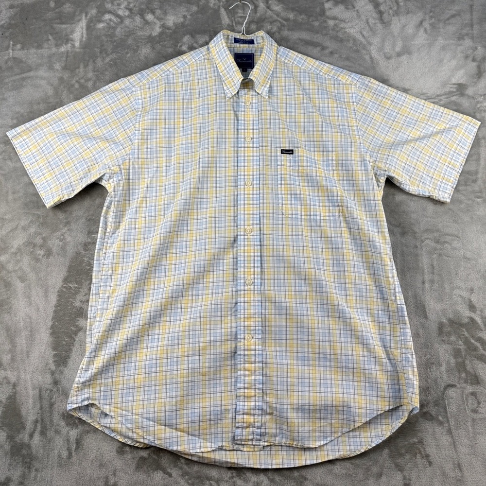 Faconnable Button-Down Mens L Short Sleeve Yellow Blue Plaid Cotton EUC